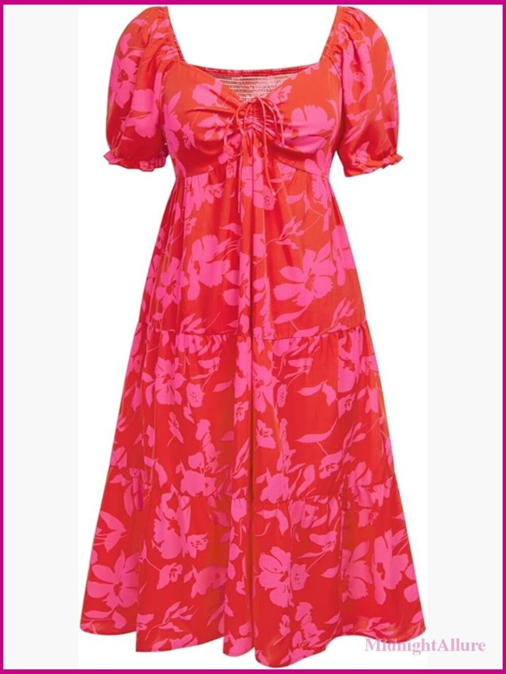 Plus Size Midi Dress Sweetheart Neck Puff Sleeve Flowy A-Line Drawstring